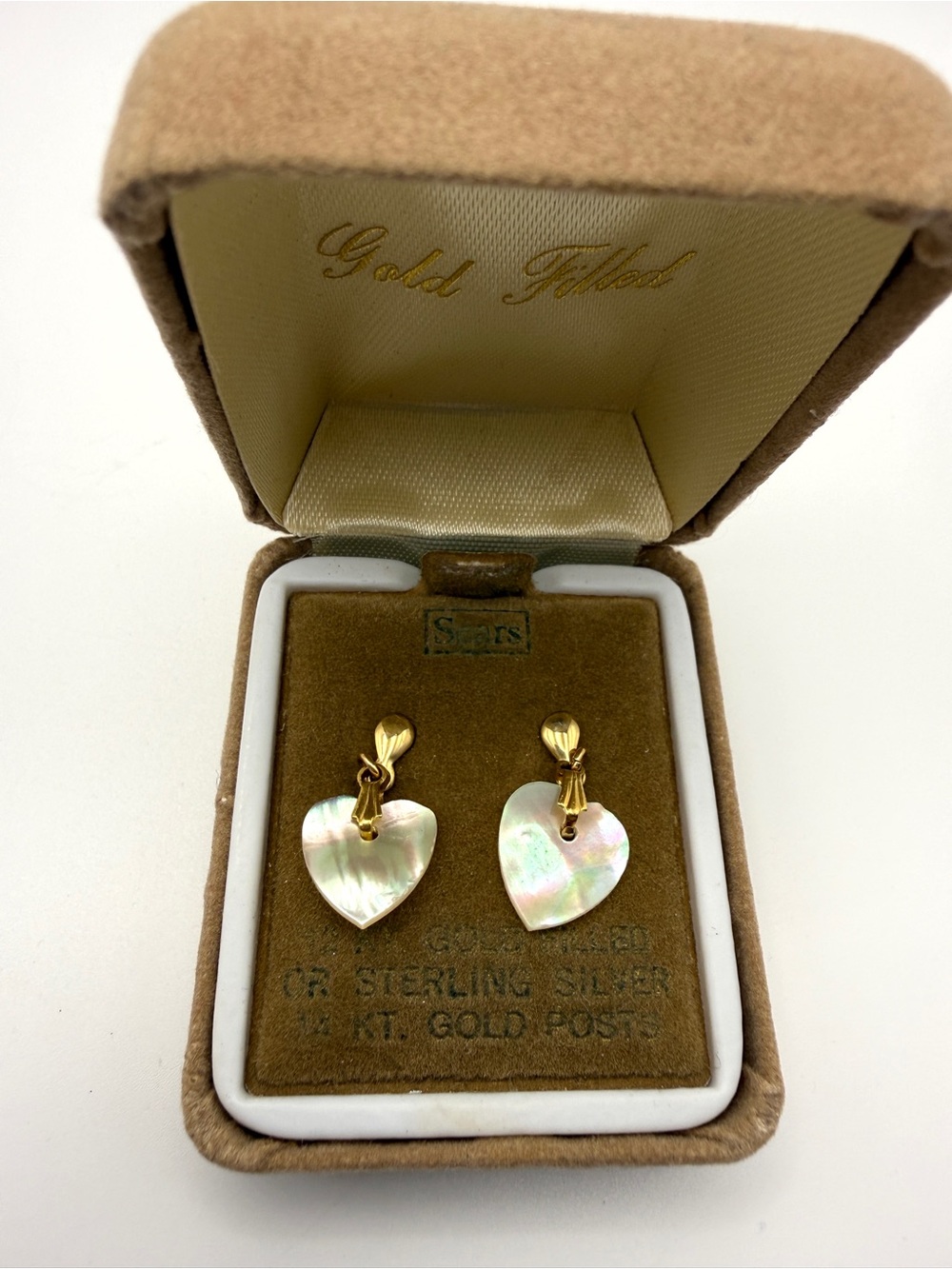 Vtg Heart-Shaped Mother of Pearl Post Earrings 12K Gold Filled